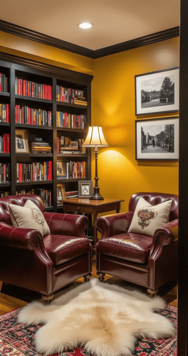 A cozy basement reading nook featuring two oversized burgundy leather armchairs facing each other, a wooden side table between them, and a faux sheepskin rug underneath. The warm mustard yellow walls and dark wood trim complement a floor-to-ceiling bookshelf filled with colorful books and personal mementos. Soft light from wall sconces and a vintage lamp creates an inviting atmosphere, while black and white photographs decorate the opposite wall. The scene is captured from a slightly elevated angle, emphasizing the intimate setup.