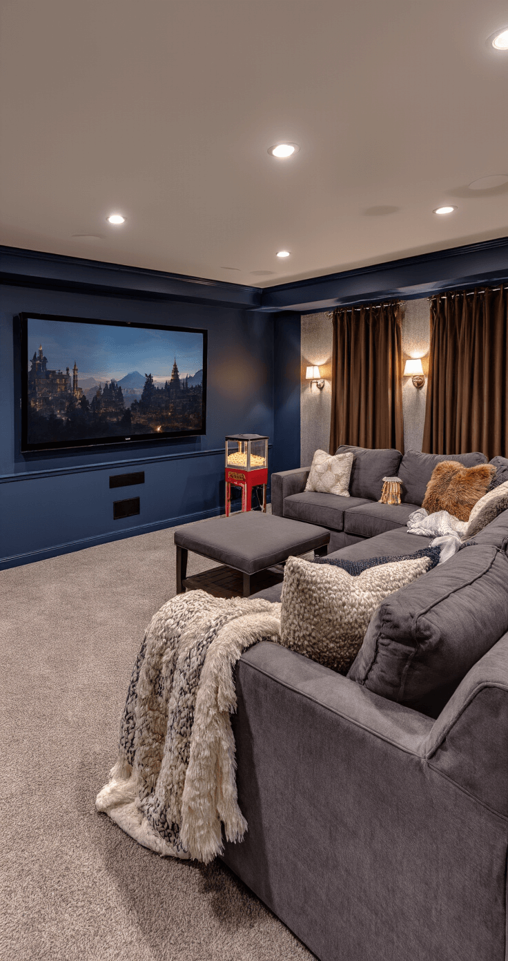 A cozy basement home theater featuring soundproofed walls, dimmable LED recessed lights, a large charcoal grey sectional sofa with textured throw blankets, a 75-inch TV on a navy blue accent wall, deep purple carpet, bronze blackout curtains, and a popcorn machine with a mini-fridge in a corner, all captured in low lighting for a cinematic atmosphere.