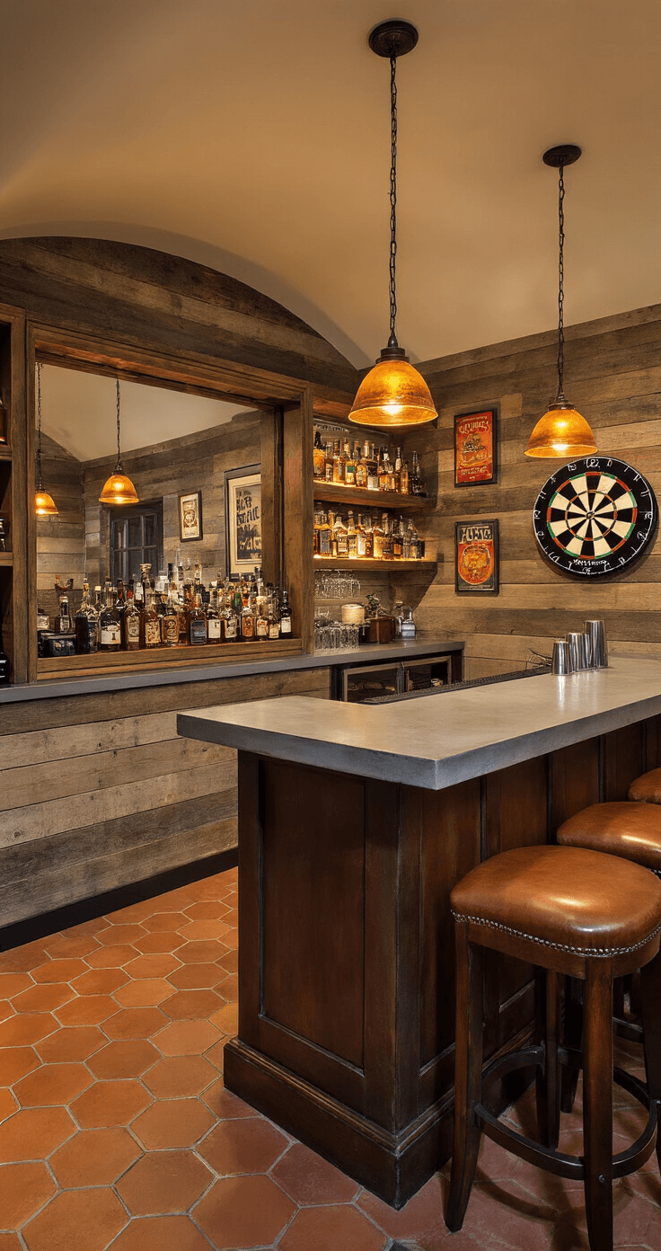 Cozy basement bar with a curved ceiling, featuring a wooden bar with a polished concrete top, leather stools, open shelving for drinks, a vintage mirror on one wall, reclaimed wood on another, a dart board with beer advertisements, and terracotta tile flooring, all illuminated by warm pendant lights.
