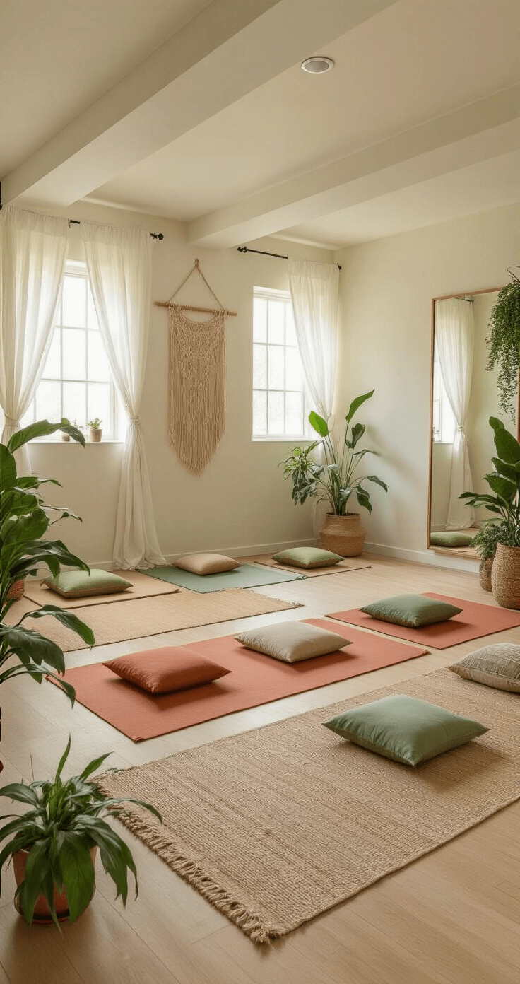 A serene basement yoga and meditation space with a vaulted ceiling, featuring earthy-toned cushions and mats, shear white curtains filtering morning light, a macramé wall hanging, a floor-to-ceiling mirror, a small water feature, and lush potted plants, all depicted from a slightly elevated angle.