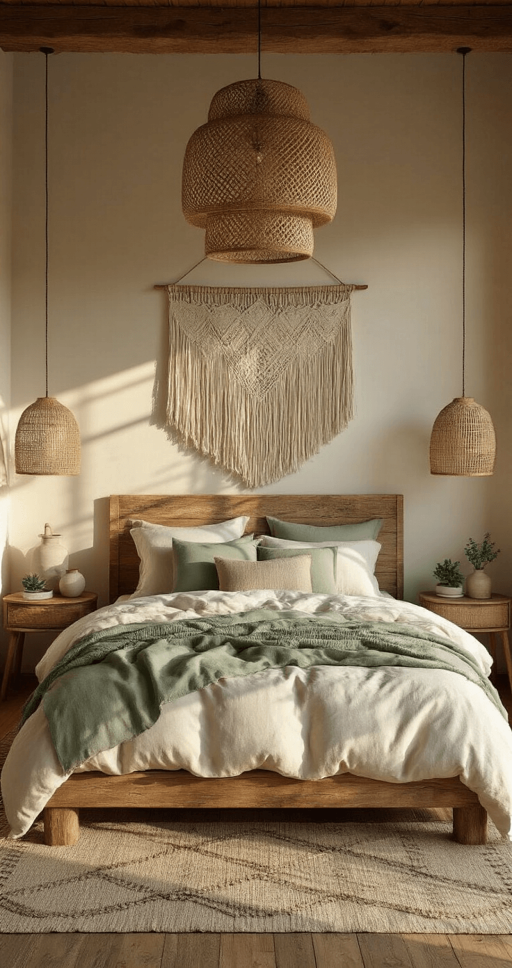 A cozy bedroom with a reclaimed oak platform bed, layered in ivory and sage bedding, surrounded by rattan pendant light, curved nightstands, ceramic lamps, and succulents, featuring a macramé wall hanging and wide-plank pine floors with a hand-woven wool rug, all bathed in warm golden hour light.