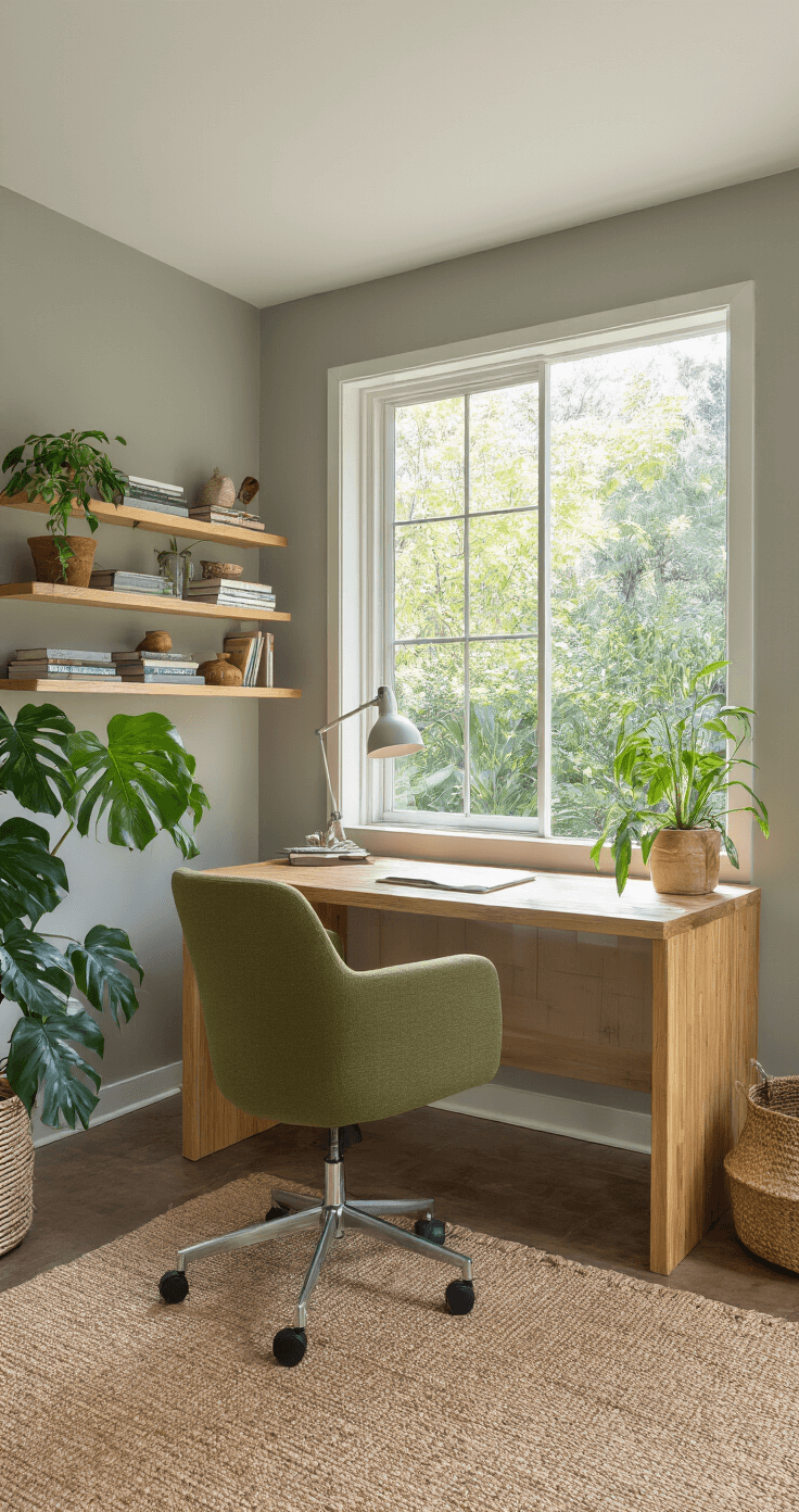 A modern home office with a bamboo desk and ergonomic olive green chair, large window overlooking a lush garden, floating shelves with books and plants, a monstera plant in the corner, and a textured sisal rug.