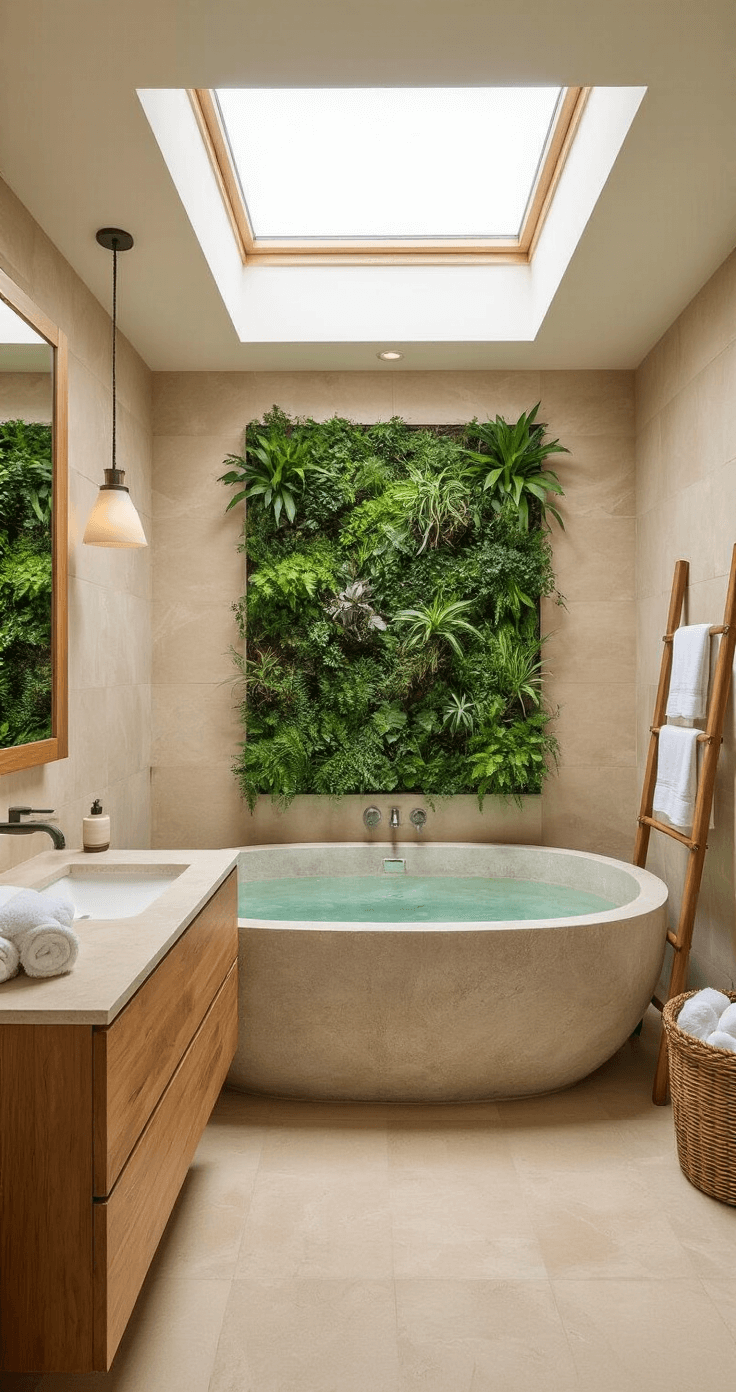 A serene spa-like bathroom featuring a freestanding oval stone bathtub, warm teak floating vanity, sandy beige large format tiles, a vertical garden with air plants, and organic cotton towel storage, all illuminated by natural light from a skylight.