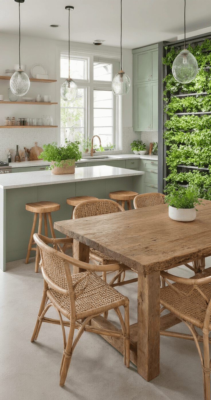 An open-concept kitchen and dining area bathed in late morning light, featuring matte sage green cabinets, recycled glass countertops, a live-edge wood breakfast bar with woven rattan stools, a reclaimed barn wood dining table with mid-century chairs, and hand-blown glass pendant lights, enhanced by potted herbs and a vertical hydroponic garden.