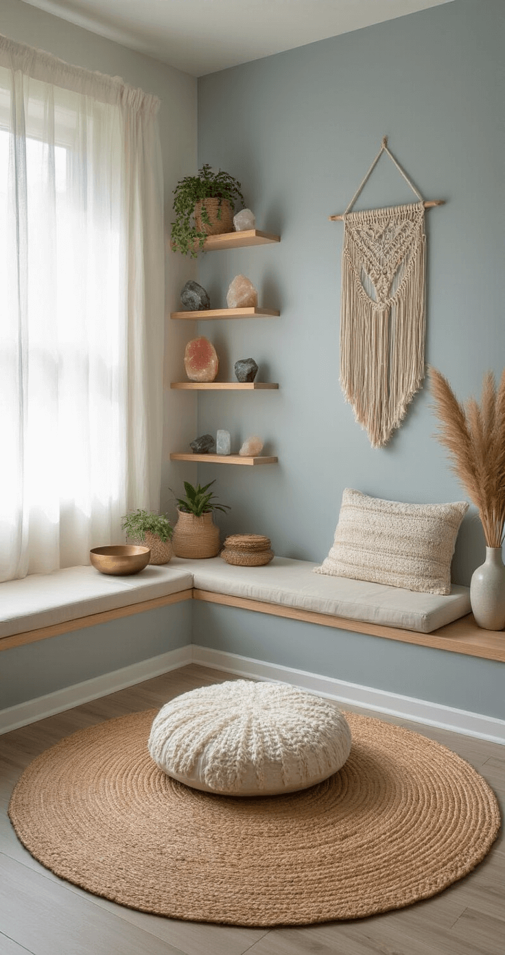 A serene meditation corner in a bedroom alcove, featuring a round jute rug with a plush wool cushion, low built-in shelving with crystals and plants, a macramé wall hanging, a small bamboo side table with singing bowls, and dried pampas grass in a ceramic vase, all illuminated by soft morning light through sheer curtains against pale blue-gray walls.