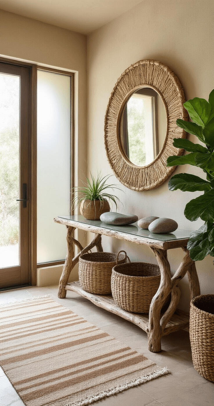 A bright and inviting entryway featuring a console table made from driftwood and glass, decorated with river stones and an air plant, complemented by a round rattan-framed mirror. The space is illuminated by dappled light through a frosted glass door, with earthy striped runner, coat rack from a gnarled branch, woven storage baskets, and a vibrant fiddle leaf fig against warm taupe clay plaster walls.