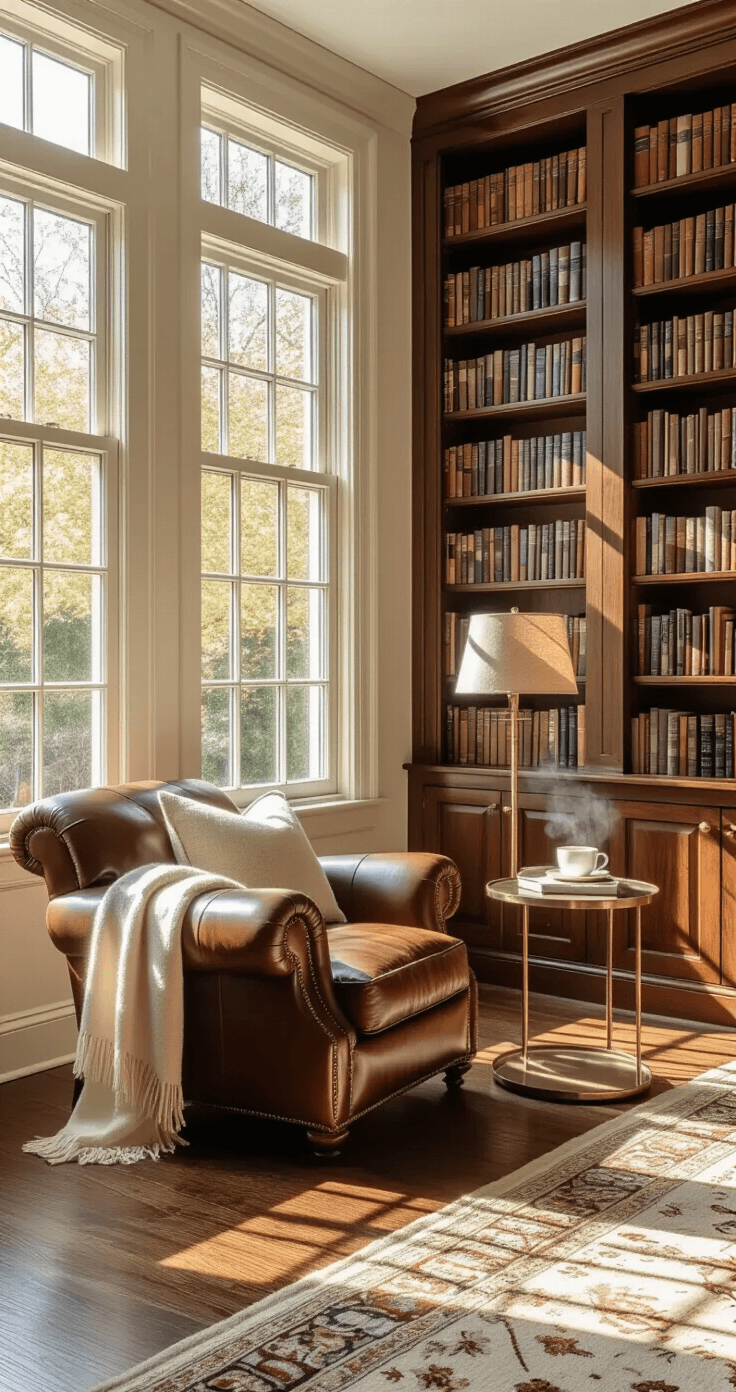 A cozy home library in a sunlit living room featuring a cognac leather armchair, warm afternoon light streaming through bay windows, built-in walnut bookshelves filled with colorful books, and a round brass side table with a steaming cup of tea and a vintage lamp.