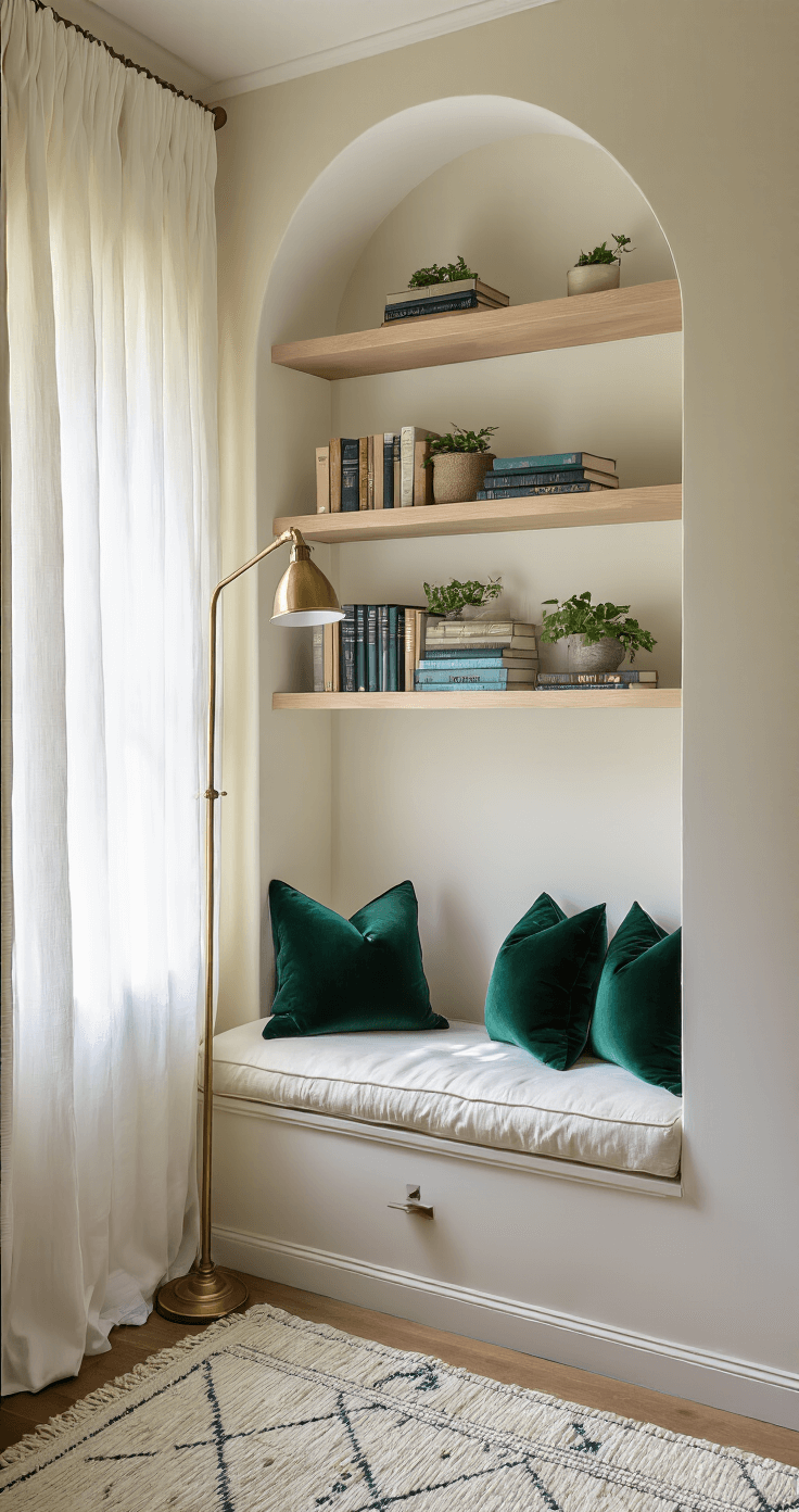 A cozy reading nook in a bedroom alcove, featuring a built-in window seat with cream cushions and jewel-toned pillows, illuminated by soft morning light filtering through sheer white curtains. Floating pale oak shelves hold books and potted plants, while a vintage brass floor lamp provides reading light. The serene color palette includes soft neutrals, emerald green, and deep blue, complemented by a handwoven wool rug with muted geometric patterns on hardwood flooring. The elevated camera angle highlights the nook's intimate setting within the larger bedroom.