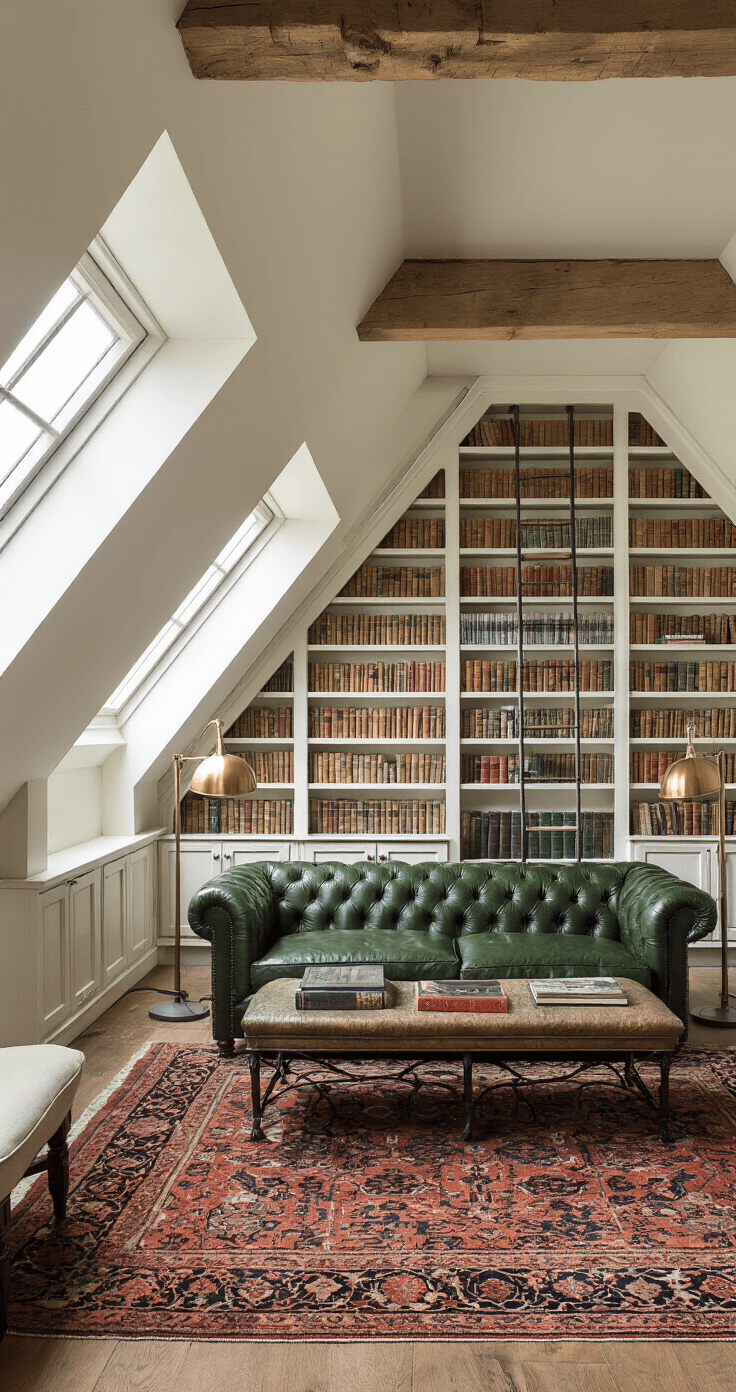 A cozy attic library featuring slanted ceilings with wooden beams, dormer windows, a forest green Chesterfield sofa, oversized floor lamps, distressed white bookshelves filled with books, a vintage Persian rug, and a wrought iron library ladder, all illuminated by warm, diffused lighting.