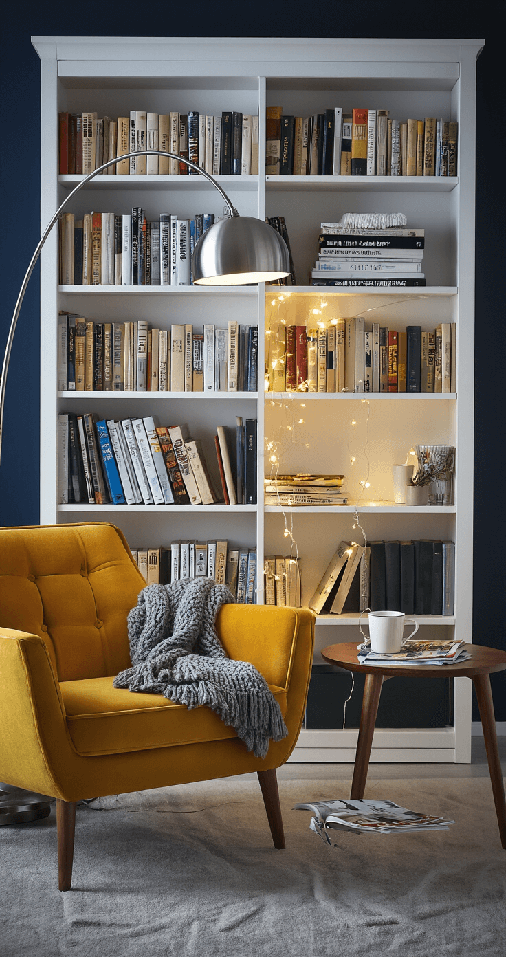 A cozy reading corner featuring a white birch IKEA BILLY bookcase against a dark navy wall, filled with books; a mustard yellow mid-century modern armchair with a gray knit throw; a brushed nickel arc floor lamp; string lights on the bookshelf; and a walnut side table with a steaming mug and magazines, all in warm, low lighting.