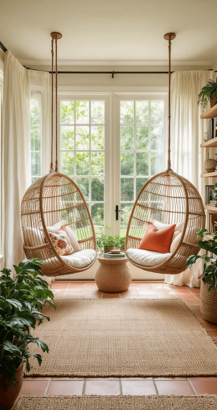 A bright sunroom with floor-to-ceiling windows, featuring rattan hanging chairs, plush cushions, and a collection of books and plants on light oak shelves. The space is filled with natural light, earthy tones, and a jute rug, creating a serene reading retreat with garden views.