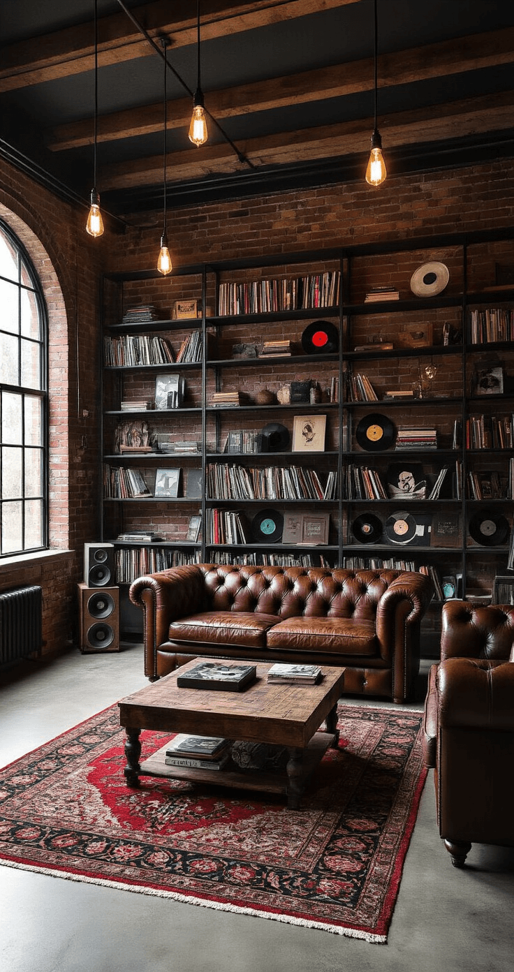 A moody masculine home library in a converted garage with exposed brick walls, industrial shelving, a Chesterfield sofa, distressed wood coffee table, Edison bulb lighting, a large arched window, and a vintage Persian rug, all under low atmospheric lighting.