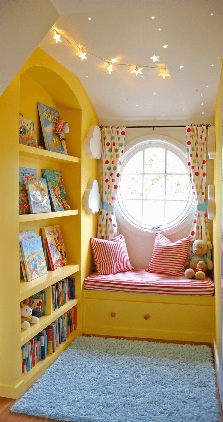 A cozy children's reading nook under a staircase, featuring cheerful yellow built-in bookshelves, a red and white striped window seat, playful polka dot curtains, cloud-shaped shelves with colorful books and stuffed animals, a sky blue shag rug, string lights, and glow-in-the-dark stars, all captured from a child's eye level.