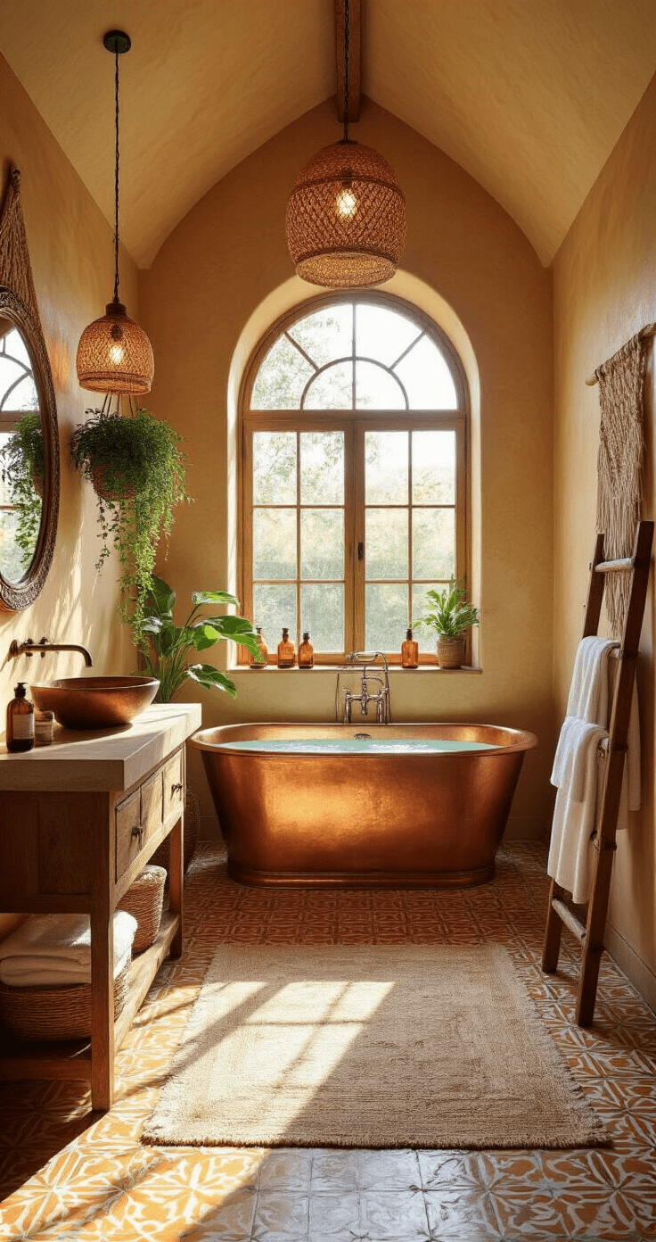 A sunlit bathroom with vaulted ceilings features a freestanding copper bathtub on a Moroccan tile floor, terracotta walls adorned with macramé art, and a wooden vanity with a stone sink. Golden afternoon light streams through a large arched window, illuminating plush cream towels and a rattan pendant light, with a low camera angle emphasizing the room's height and light play.