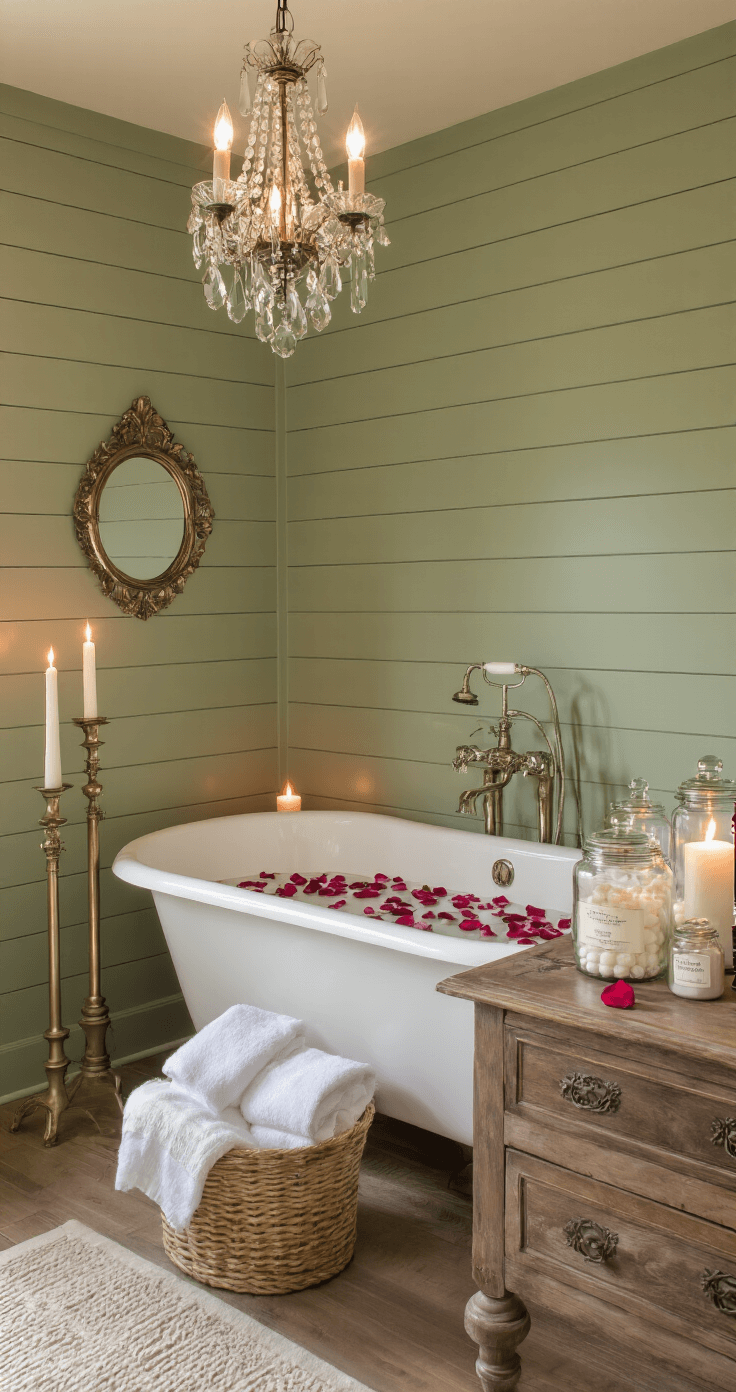 An intimate bathroom with a clawfoot tub filled with rose petals, surrounded by flickering candles on antique brass stands, sage green shiplap walls, a weathered oak vanity with apothecary jars, fluffy white towels in a seagrass basket, and a crystal chandelier casting a warm glow, shot from a high angle.