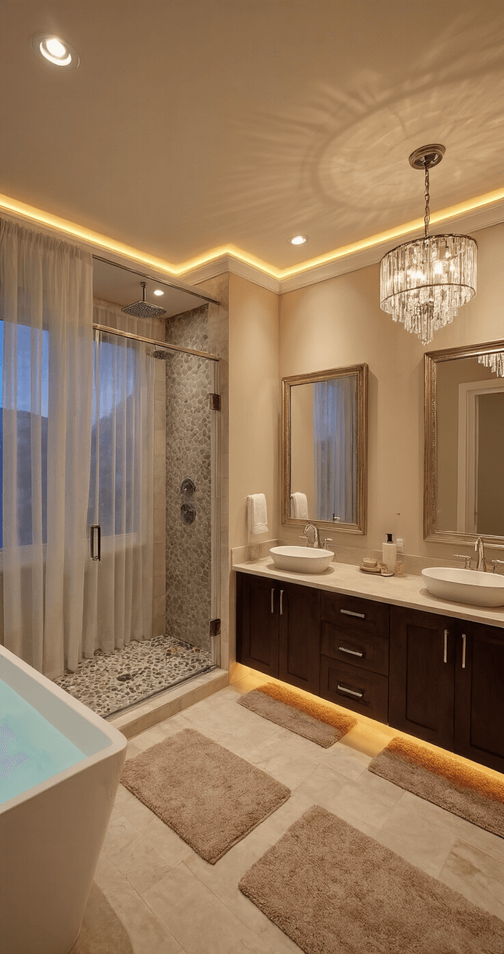 A luxurious master bathroom featuring a spacious walk-in shower, double vanity with vessel sinks, and a freestanding tub, all illuminated by moonlight and warm LED lighting, framed by taupe walls and elegant decor.
