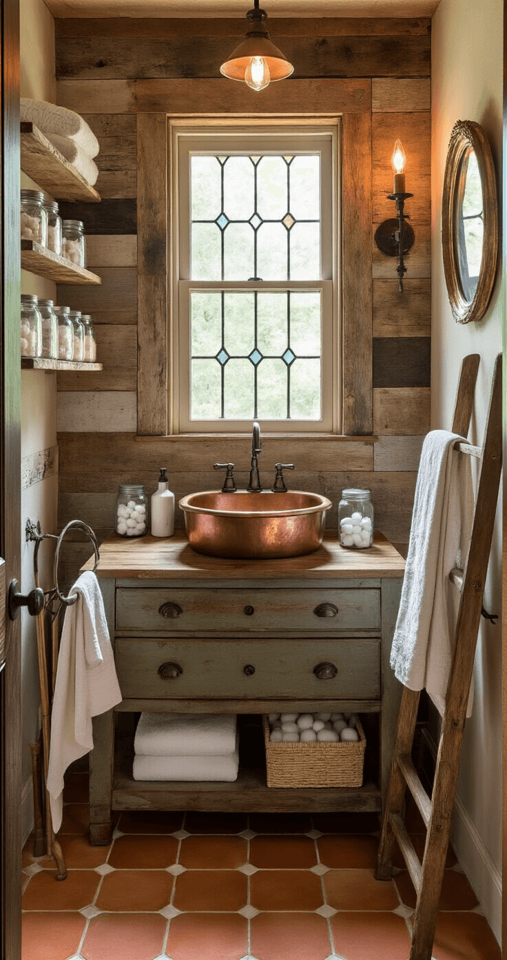 A cozy powder room featuring a reclaimed barn wood accent wall, antique dresser vanity with a copper sink, open shelving with mason jars, a vintage ladder with cream-colored towels, and warm terracotta tiles, all illuminated by early morning sunlight through a leaded glass window.