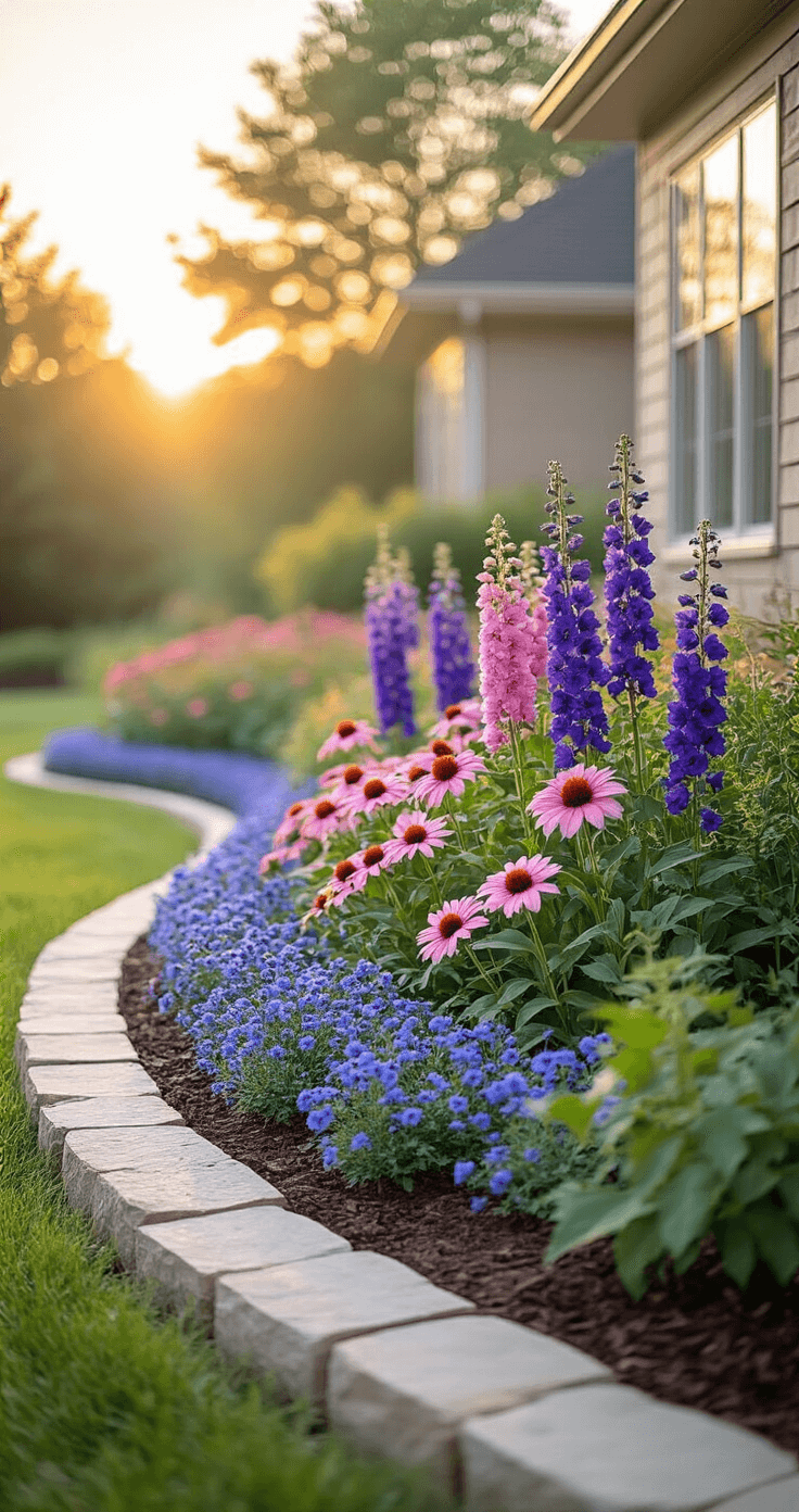 A sweeping curved flower bed featuring purple delphiniums, pink coneflowers, and blue lobelia, captured at golden hour with soft bokeh on the house facade, natural limestone edging, morning dew on foliage, and dappled light from overhead trees, all set against a backdrop of rich brown mulch.