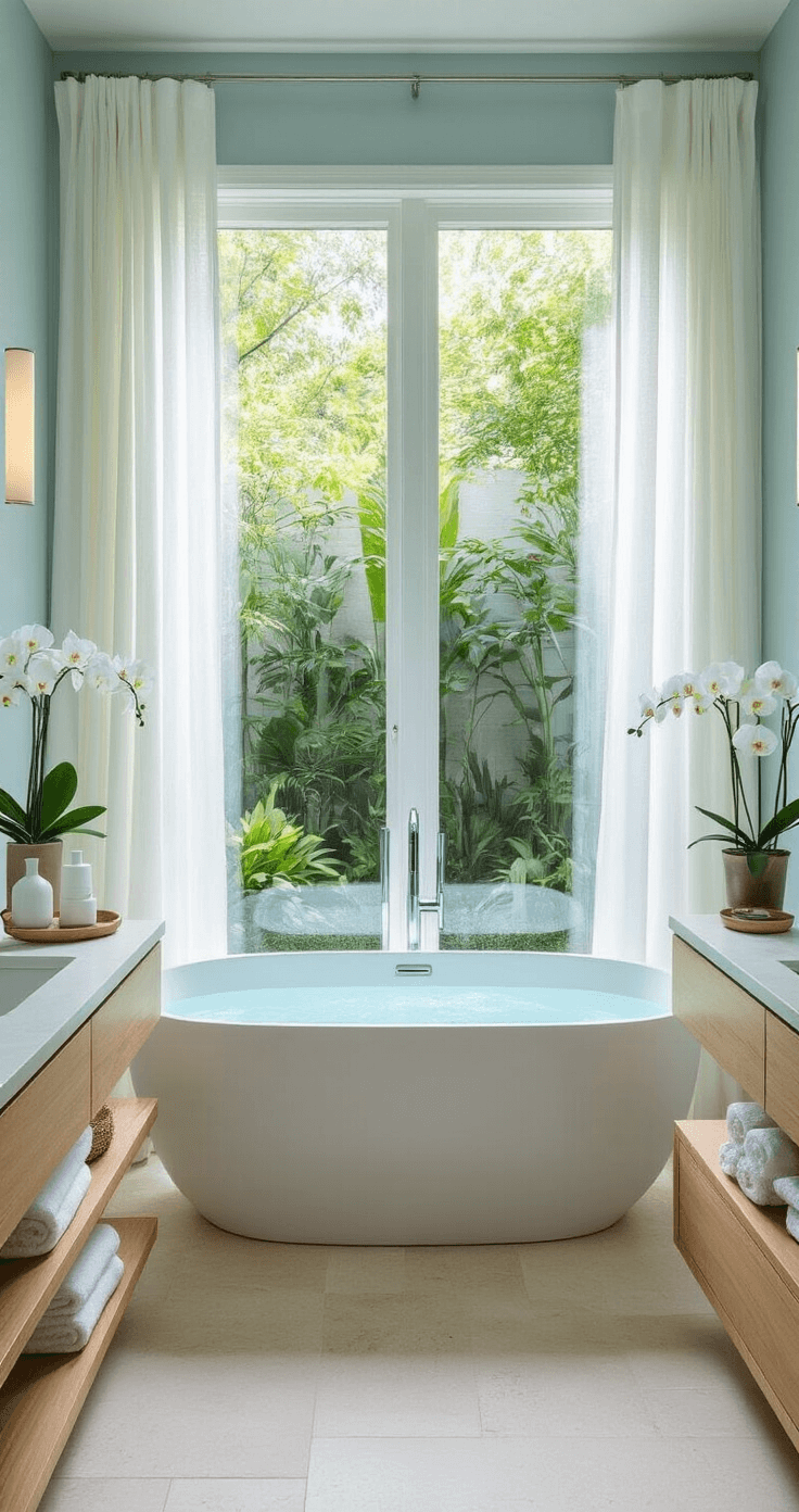A luxurious spa-inspired bathroom featuring a freestanding oval matte white tub on heated travertine floors, surrounded by floor-to-ceiling windows draped with sheer white curtains, overlooking a lush zen garden. Pale blue walls and floating teak shelves enhance the serene atmosphere, while a sleek double vanity in light ash wood complements the space.