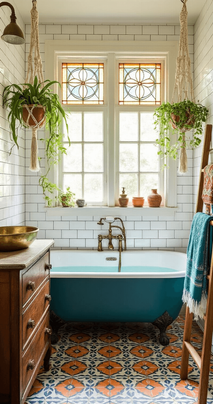 A vibrant, eclectic bathroom featuring a deep teal claw-foot tub, stained glass panels casting colorful light on white subway tiles, a vintage dresser-turned-vanity with a brass sink, and macramé plant hangers with trailing plants, all set against a patterned cement floor in orange and blue.