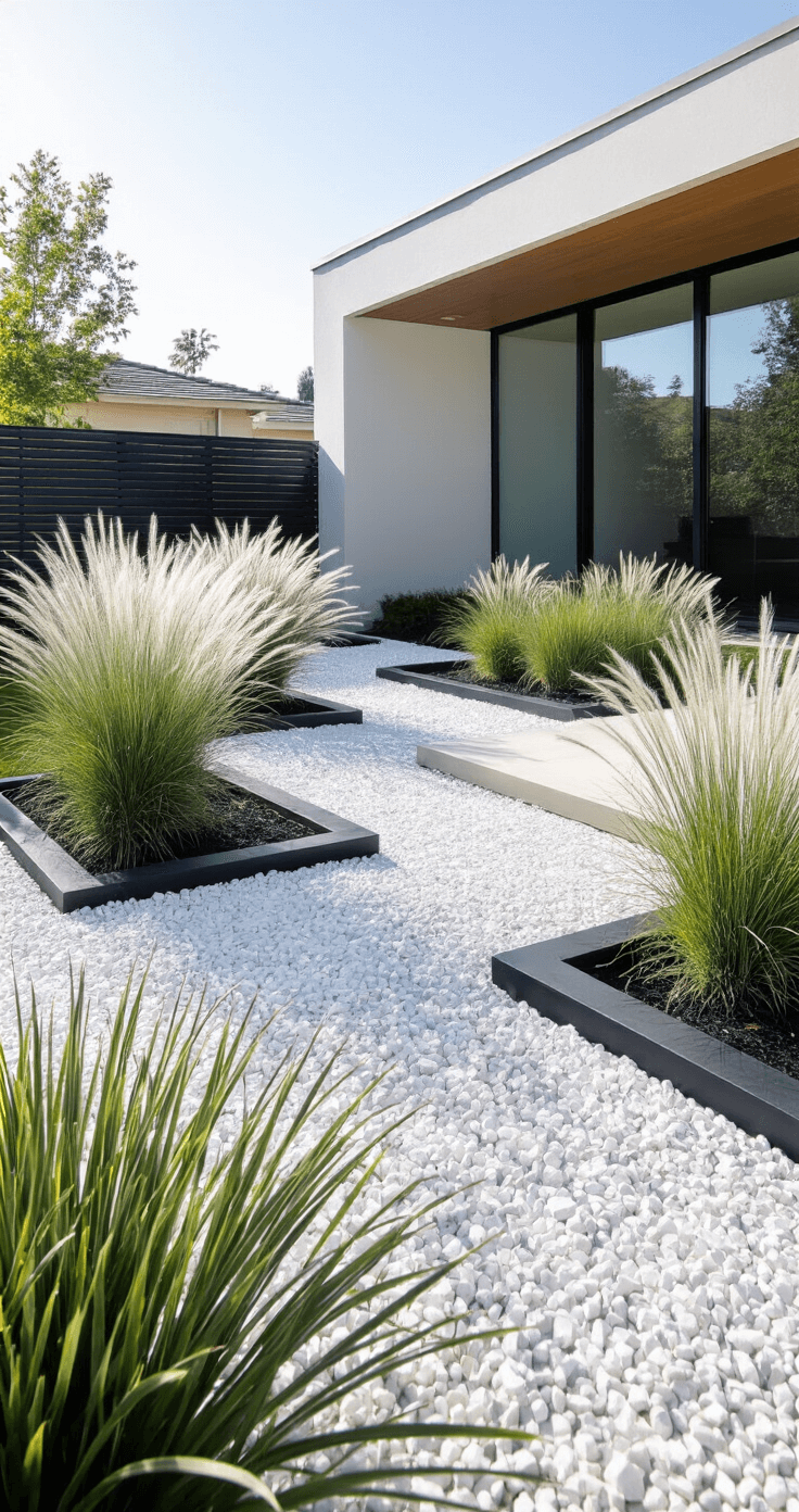 A modern minimalist front garden featuring sharp-edged rectangular beds with black metal edging, filled with architectural grasses like silver feather grass and blue fescue, arranged in geometric patterns, all atop crushed white marble mulch, with a contemporary home in the background and hard shadows creating dramatic patterns.