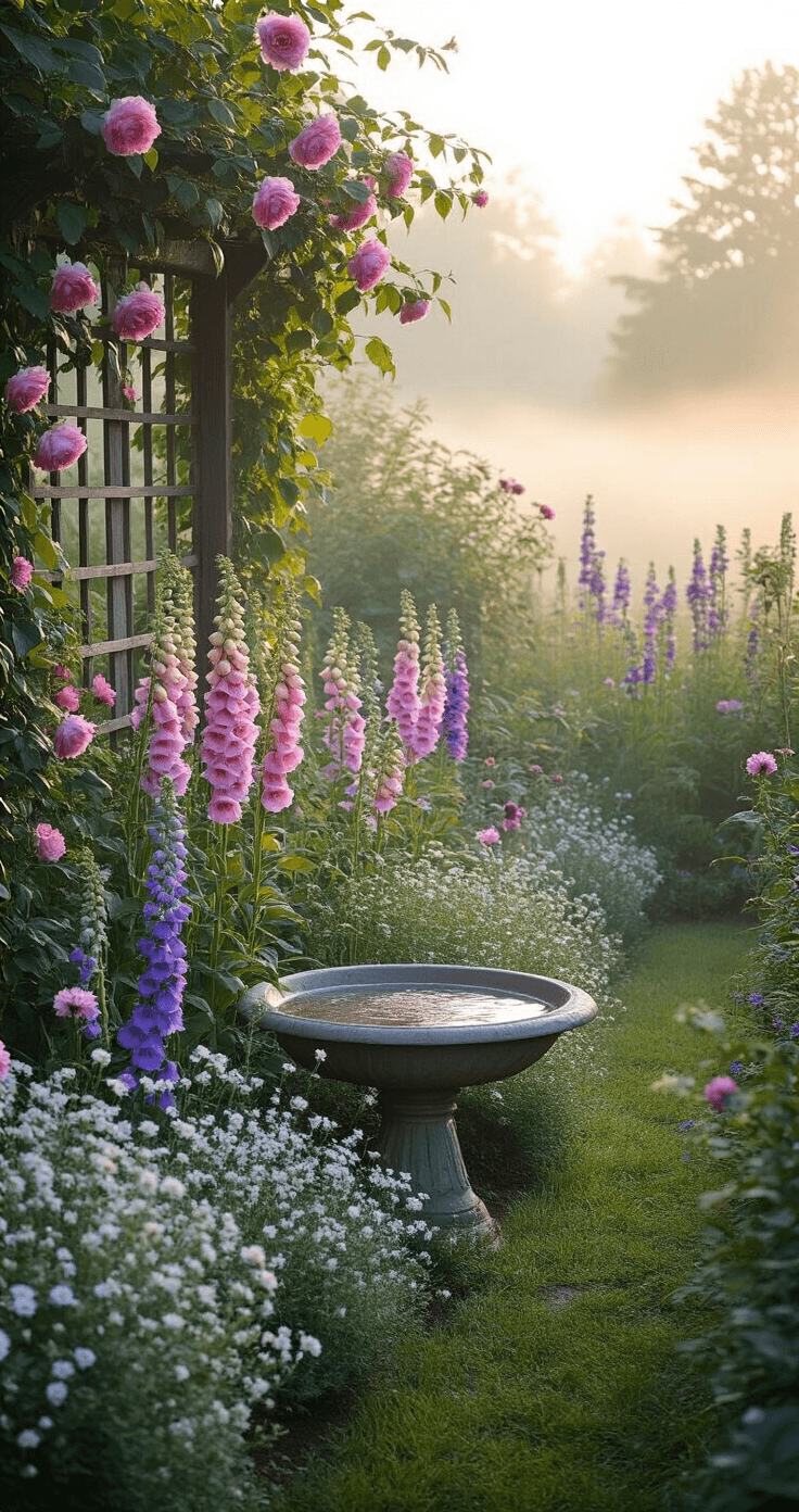 A low-angle view of a lush cottage garden at blue hour, featuring a vintage birdbath as the focal point surrounded by climbing roses on a weathered trellis, tall foxgloves, delphiniums, and cosmos. Foreground with spilling alyssum and creeping thyme, enhanced by soft morning mist and ethereal backlighting in pastel pink, purple, and silver tones.