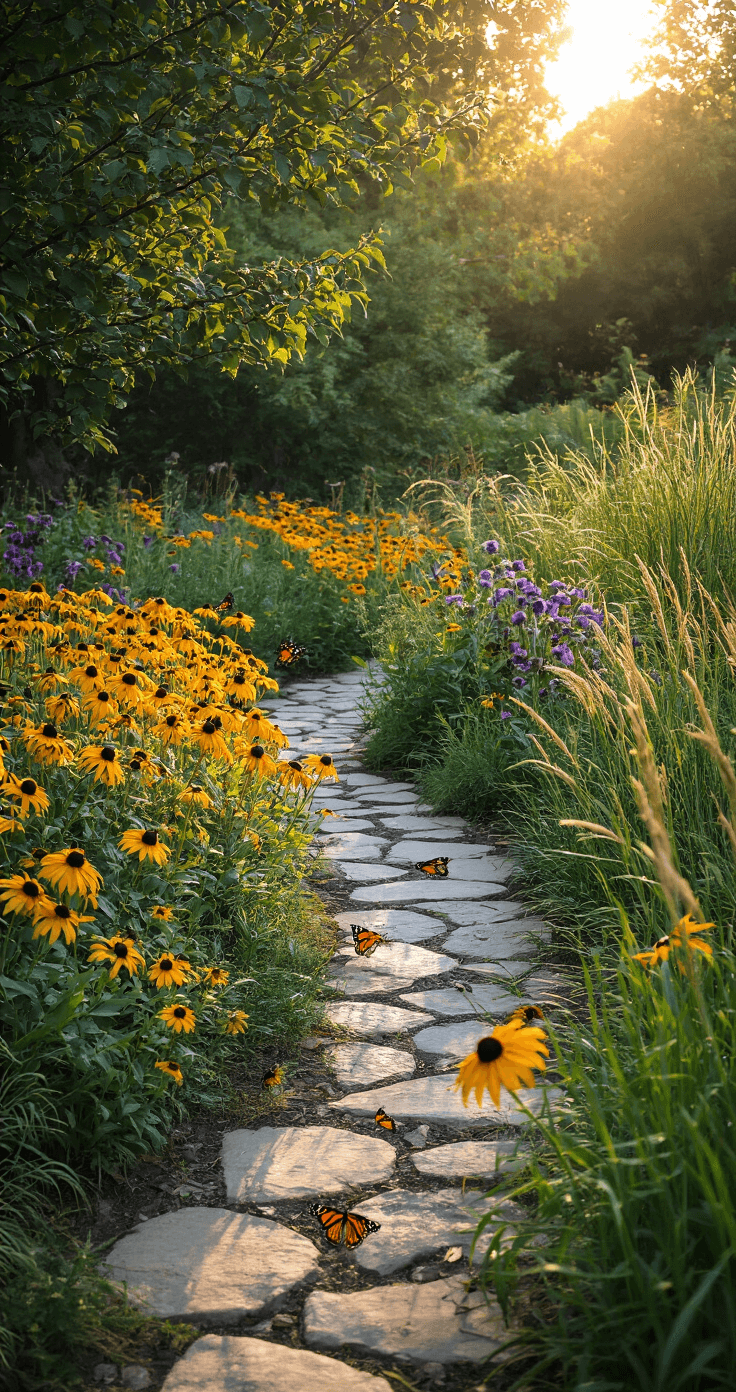 A late afternoon photograph of a native garden habitat, showcasing a naturalistic bed with black-eyed susans, purple coneflowers, and native grasses. Monarch butterflies and bees are active on milkweed plants, while a natural stone path winds through the scene. Filtered sunlight highlights the warm earth-tone palette, emphasizing the vibrant wildlife activity against pops of yellow and purple.