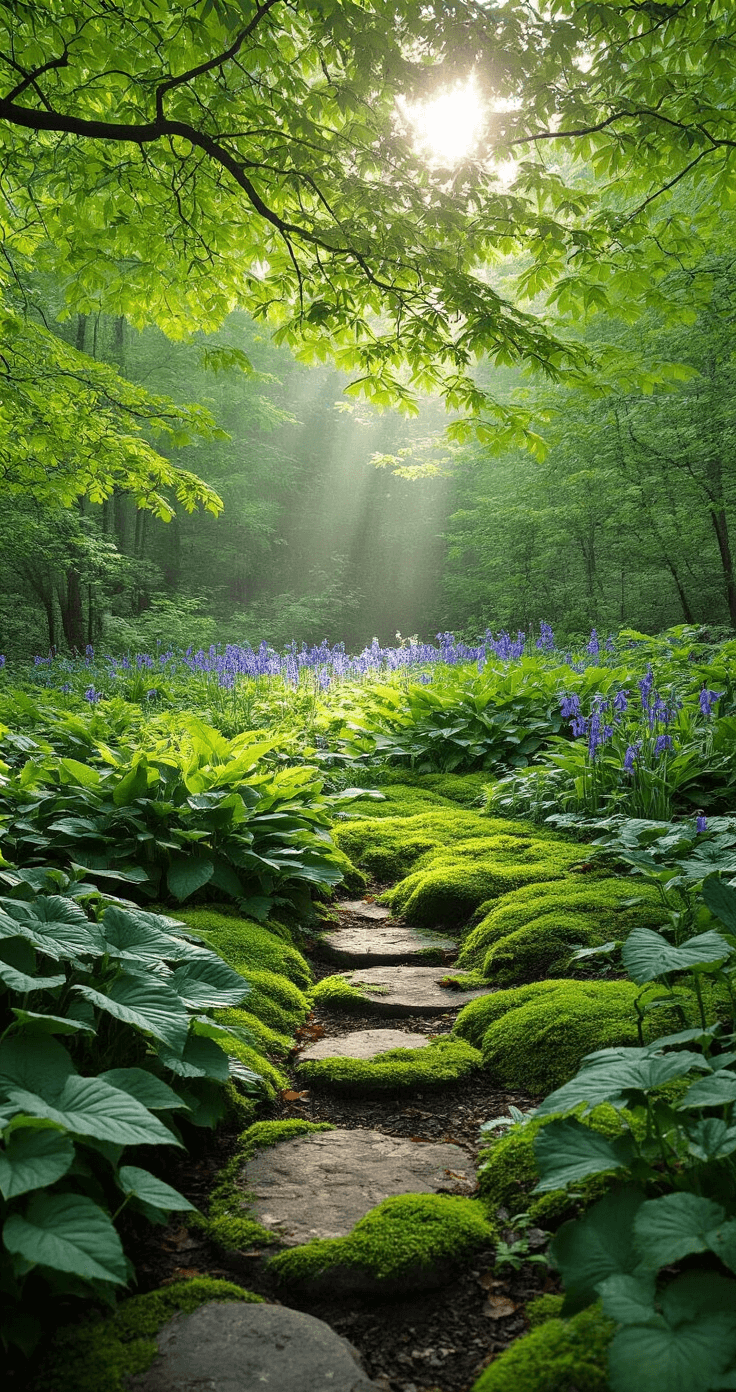 Close-up of a shaded garden bed beneath a maple canopy, featuring silver-highlighted Japanese painted ferns, dark green wild ginger, and Virginia bluebells, with moss-covered stones, all illuminated by soft morning light creating a tranquil woodland atmosphere.