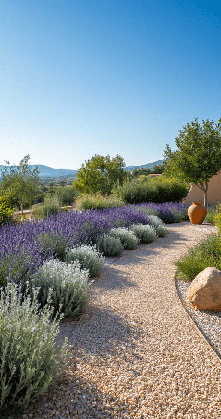 A wide shot of a drought-resistant Mediterranean garden under harsh midday sun, featuring a 25-foot curved bed with silver-leafed lavender, santolina, and Russian sage, surrounded by gravel mulch and boulder accents. Terracotta pots add architectural interest as strong directional light highlights plant textures, emphasizing earth and silver tones in the high contrast lighting.