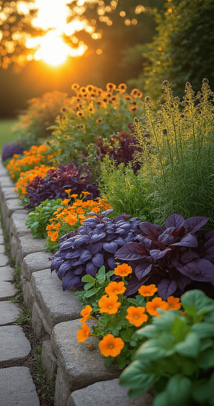 A vibrant edible landscape border at sunset, featuring a mix of purple basil, bronze fennel, and rainbow chard, with nasturtiums cascading over stone edging. The scene is illuminated by warm golden light, highlighting rich textures and contrasting foliage in a three-quarter view.
