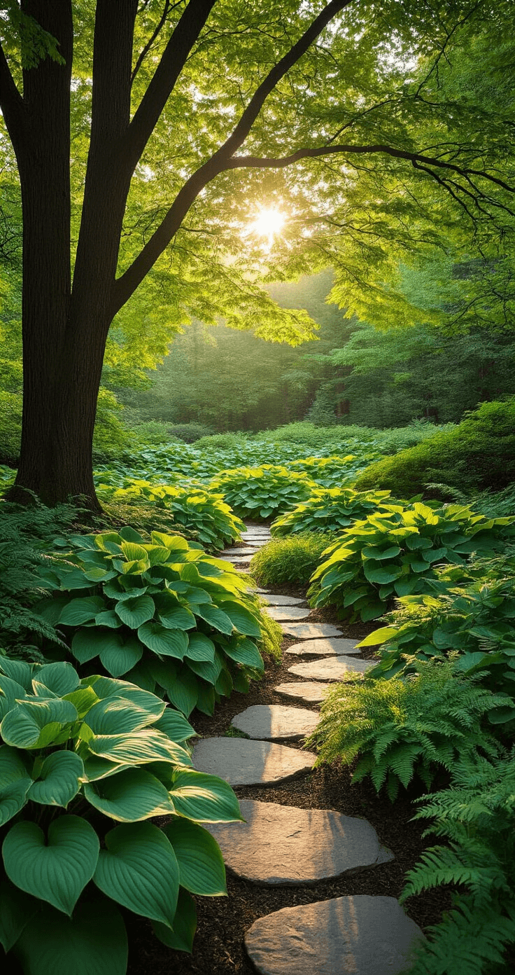Transform Your Shaded Spaces: The Ultimate Guide to Creating Stunning Hosta Gardens A serene woodland garden at golden hour, showcasing layered hostas including giant 'Empress Wu', medium 'June', and tiny 'Mouse Ears', with dappled sunlight filtering through mature maple trees and illuminating a natural stone pathway winding through the scene.