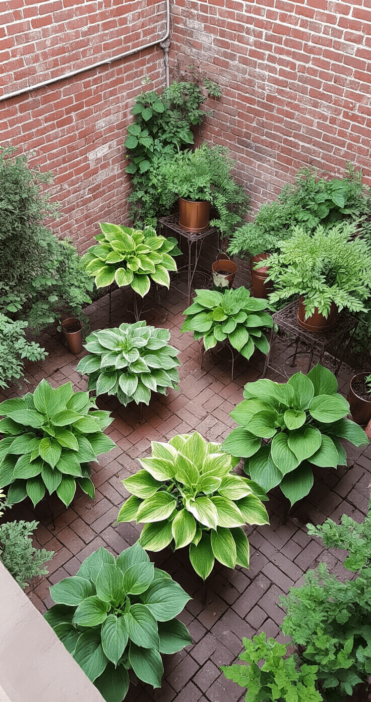 Transform Your Shaded Spaces: The Ultimate Guide to Creating Stunning Hosta Gardens Aerial view of an intimate courtyard garden featuring container-grown hostas on vintage metal plant stands, surrounded by weathered brick walls. The hostas include luminous 'Stained Glass' and 'Patriot' varieties, complemented by aged copper planters. Diffused morning light enhances the geometric leaf patterns and casts soft shadows.