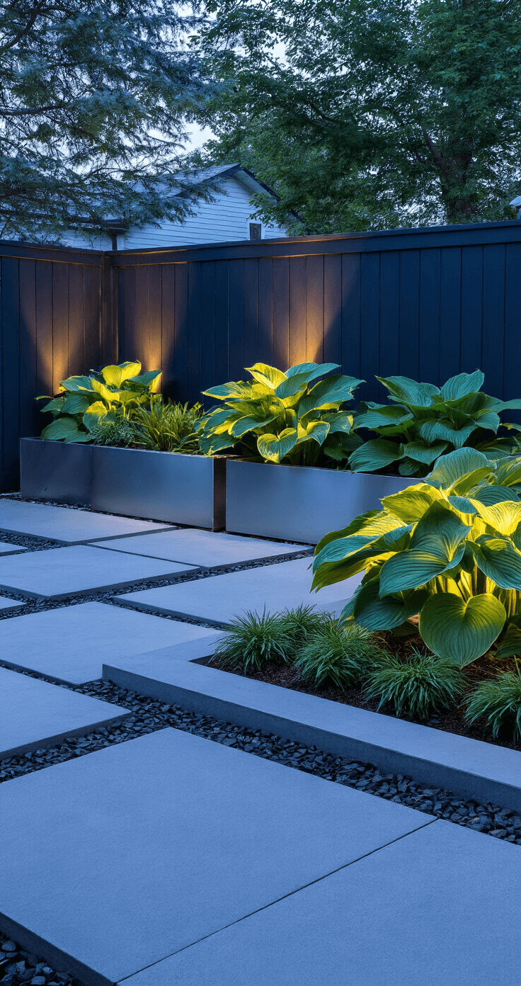 Transform Your Shaded Spaces: The Ultimate Guide to Creating Stunning Hosta Gardens A twilight view of a modern minimal shade garden featuring illuminated 'Sum and Substance' hostas against a charcoal fence, clean-lined concrete pavers, and brushed steel planters, creating a serene and geometric atmosphere with a cool color palette.
