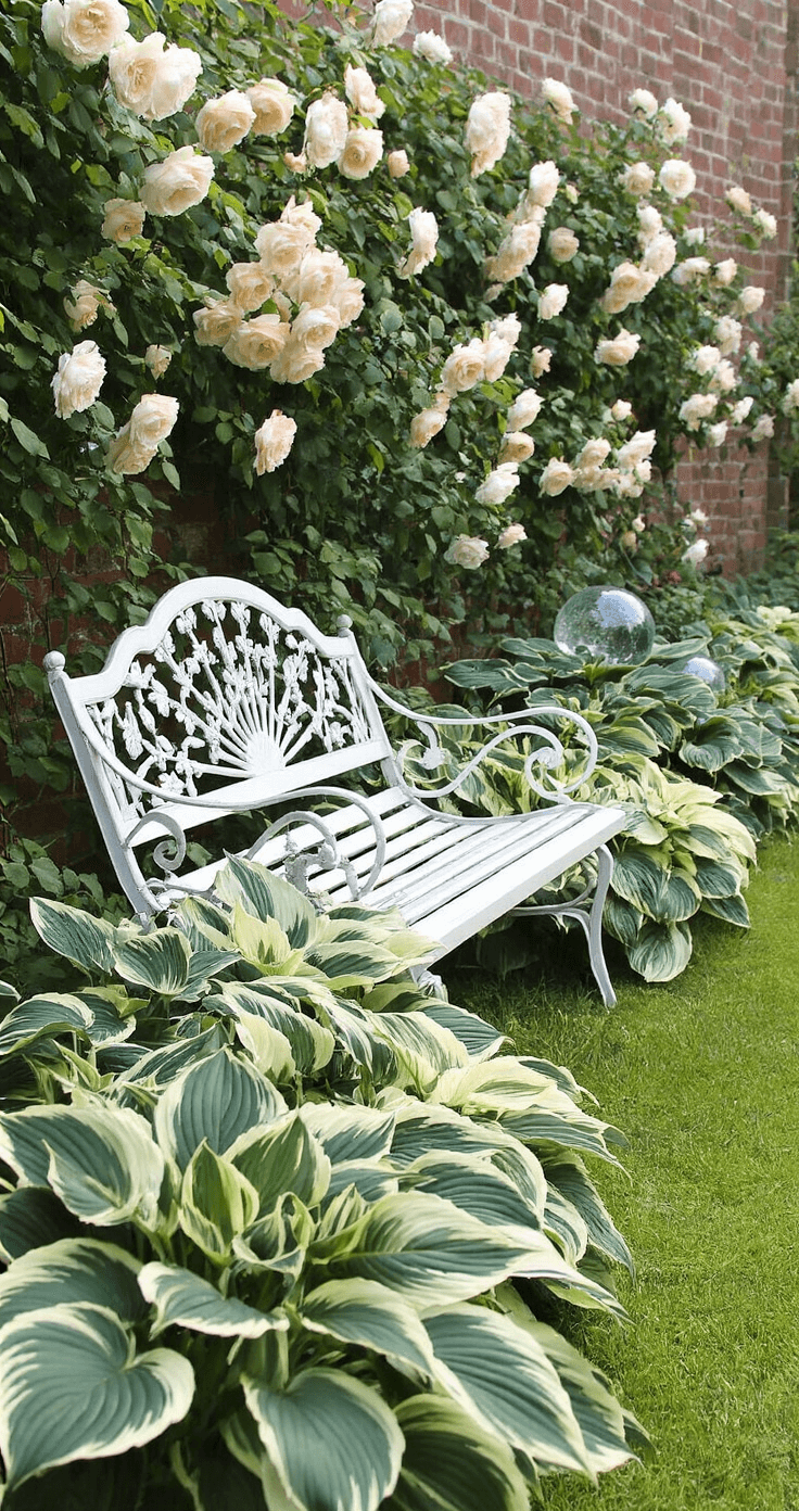 Transform Your Shaded Spaces: The Ultimate Guide to Creating Stunning Hosta Gardens A Victorian-inspired garden scene featuring a white wrought iron bench surrounded by variegated hostas, with 'Great Expectations' roses as focal points and climbing roses on the wall. A crystal gazing ball reflects the layered plantings, captured at eye level.