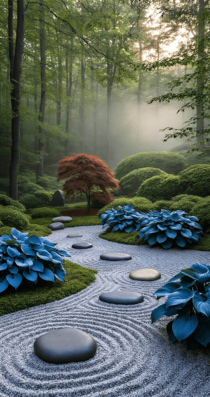 Transform Your Shaded Spaces: The Ultimate Guide to Creating Stunning Hosta Gardens A tranquil zen-inspired woodland retreat at dawn, featuring smooth river stones and raked gravel with strategically placed blue hostas, bronze Japanese forest grass, and a weeping Japanese maple, all enveloped in morning mist and captured from a low angle with a wide lens.