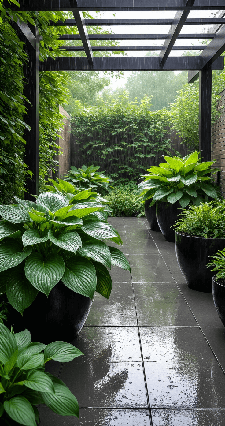 Transform Your Shaded Spaces: The Ultimate Guide to Creating Stunning Hosta Gardens Contemporary patio garden with glossy hosta leaves glistening in the rain under a modern pergola, showcasing black containers of 'Guardian Angel' hostas on a polished concrete floor, captured with macro lens to highlight water droplets and leaf textures in moody lighting.
