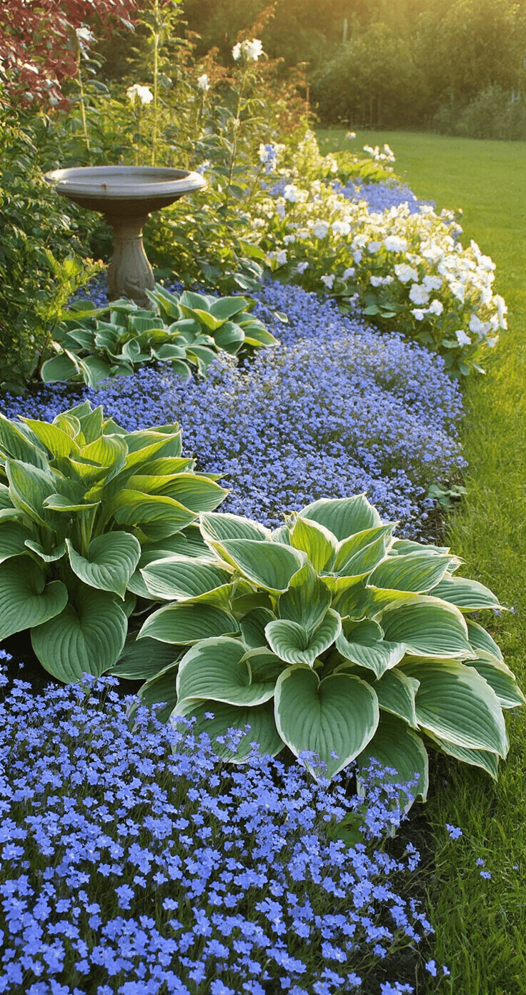 Transform Your Shaded Spaces: The Ultimate Guide to Creating Stunning Hosta Gardens A lush cottage garden border featuring emerging hostas among forget-me-nots and woodland phlox, accented by 'Frances Williams' and 'Fire and Ice' specimens, with a vintage bird bath as a focal point. Captured at golden hour, with soft backlighting enhancing the romantic, pastoral atmosphere.