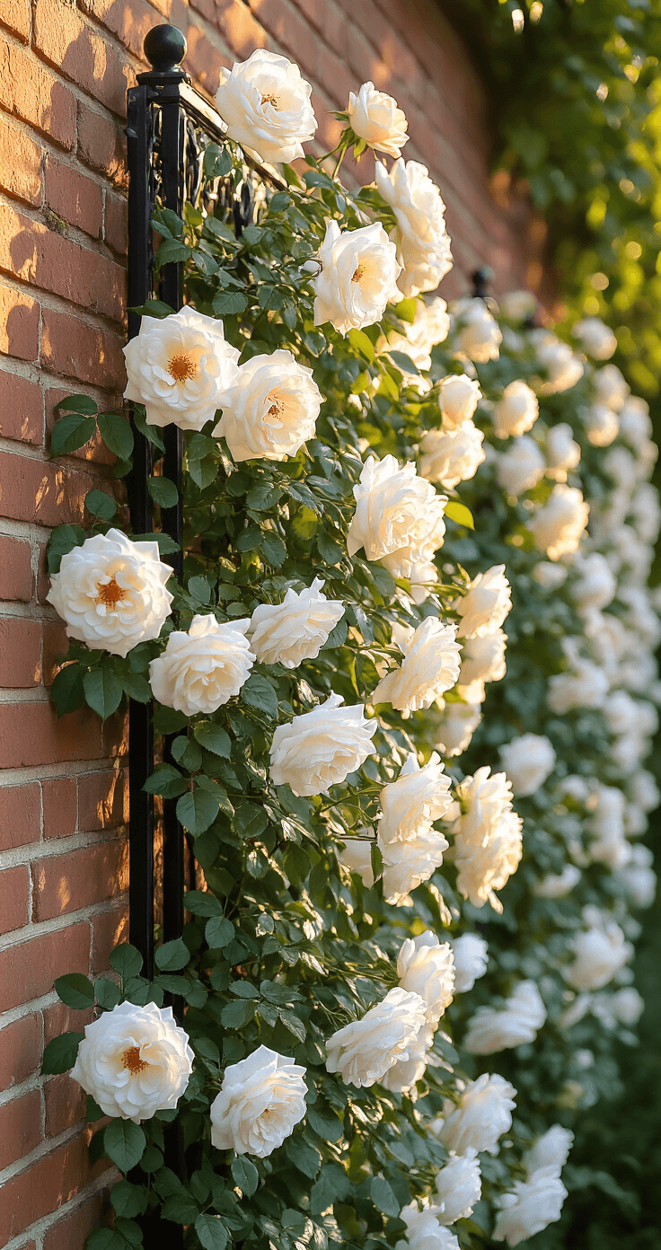 A low-angle view of a sunlit Victorian garden wall showcasing a 12-foot black metal trellis adorned with cascading 'Iceberg' roses, illuminated by golden hour light. The white blossoms stand out against the aged brick, with a blurred background enhancing the focus on the crisp blooms and detailed trellis structure. Dense green foliage adds contrast to the scene.