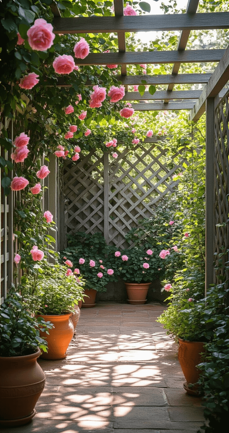 An intimate courtyard featuring a weathered 8x8 ft wooden lattice trellis adorned with pink 'Constance Spry' roses, bathed in soft morning light that creates dappled shadows, with vintage terracotta pots of clematis in the foreground.