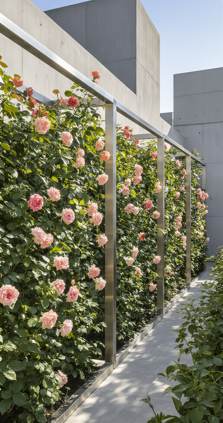 A modern urban rooftop garden with three parallel brushed stainless steel trellises showcasing 'Tropical Lightning' roses in varying bloom stages, set against concrete walls. Late morning light creates dramatic shadows, emphasizing the vertical garden design and contrasting industrial materials with organic rose forms.