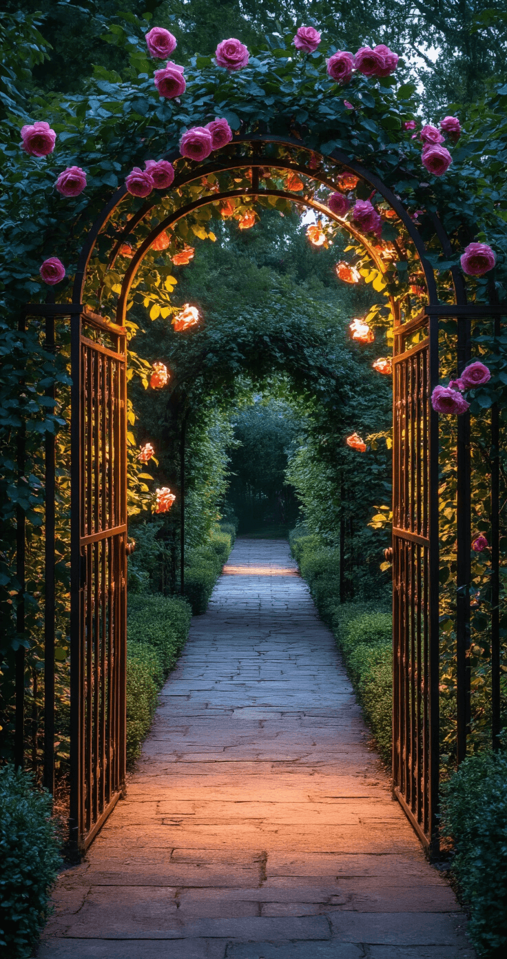 A gothic archway formed by copper trellises draped in climbing roses, illuminated by warm lighting at twilight, leads into a mysterious secret garden, with deep shadows and a tunnel-like effect.
