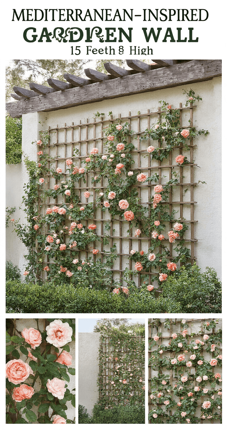 A wide shot of a Mediterranean-inspired garden wall made of whitewashed stucco, featuring a 15-foot high rustic wooden trellis system covered with climbing roses in coral, blush, and cream tones. Mid-morning light highlights the wall's texture and architectural elements, with detail insets showcasing artistic training patterns of the roses.
