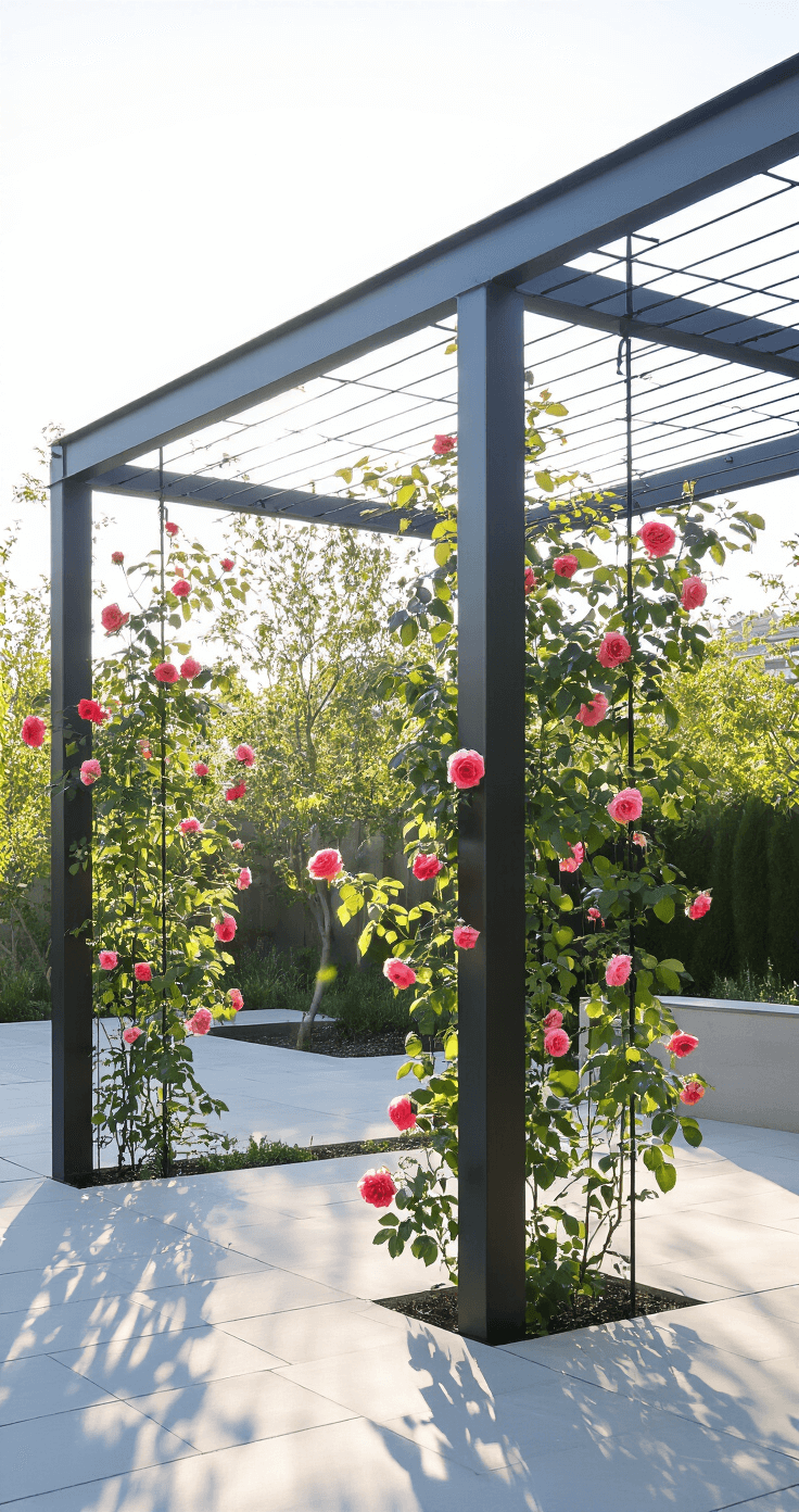 Contemporary pergola with a steel cable trellis, featuring minimalist rose placement, backlit petals, and a corner angle to highlight linear design and negative space.