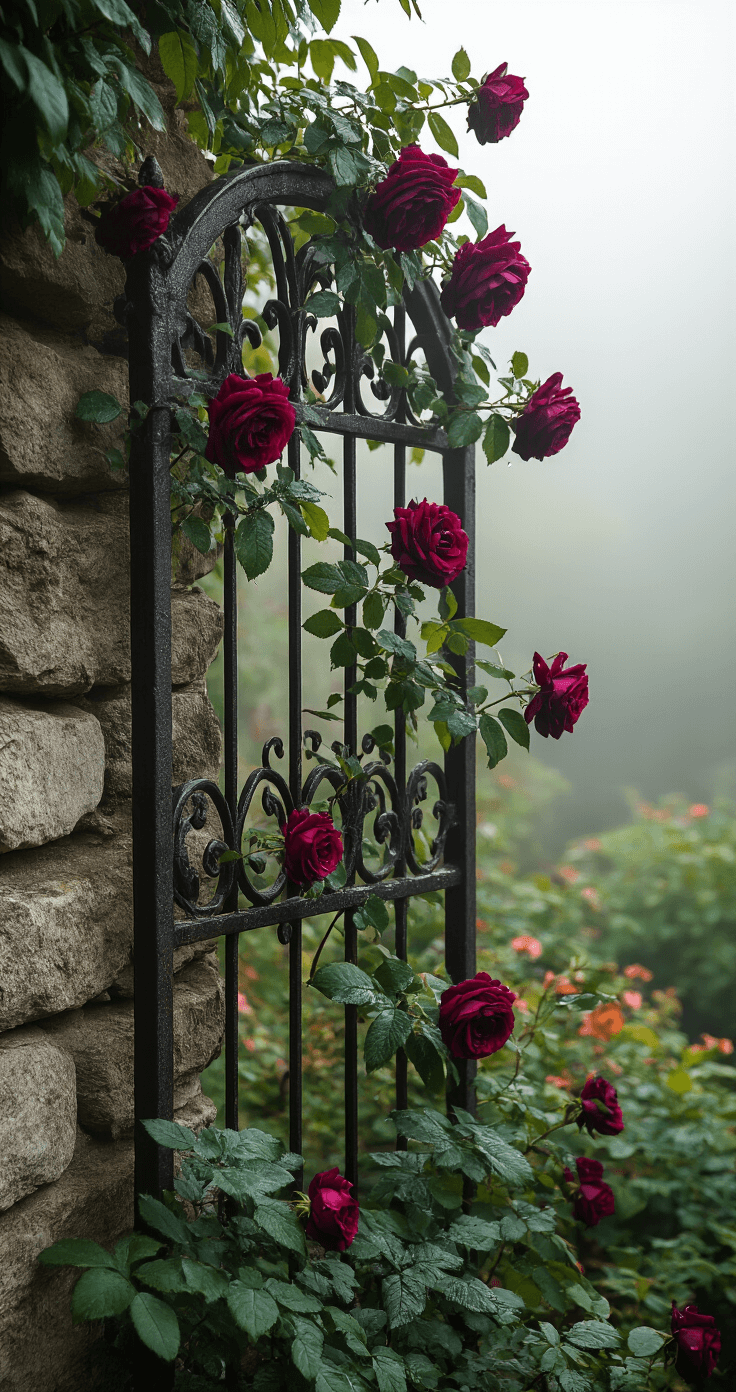 Cottage garden scene featuring a tall antique wrought iron trellis against a stone wall, adorned with deep burgundy heritage roses. Early morning fog enhances the ethereal atmosphere, while macro details reveal water droplets on petals and aged metal patina, evoking a romantic and nostalgic mood.