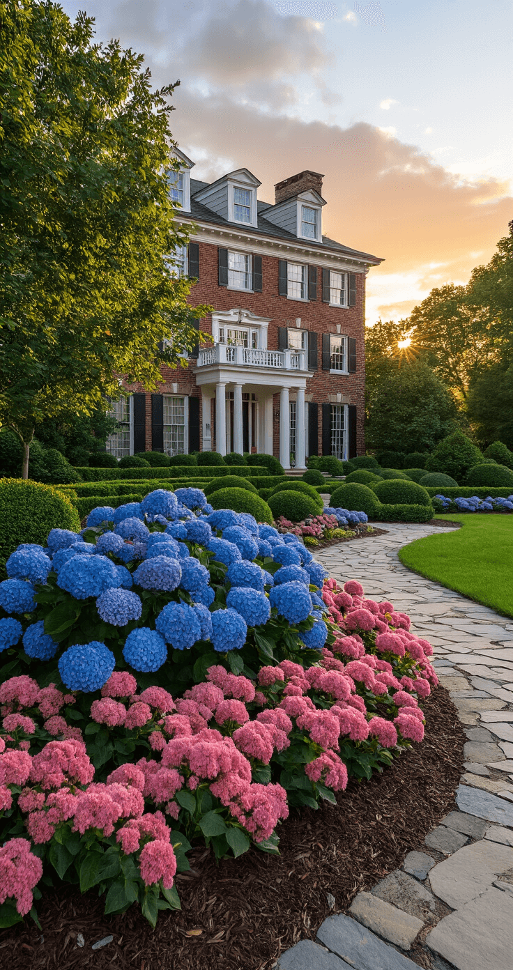 A wide-angle shot of a grand Colonial home's front yard at golden hour, featuring deep blue hydrangeas, trimmed boxwood spheres, and blooming pink spirea, with a natural stone pathway and dramatic shadows. Bushes