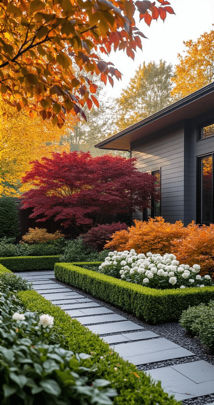 A low-angle morning shot of a modern craftsman home featuring layered garden beds with vibrant autumn-colored aronia bushes, structured boxwood hedges, and white-flowering weigela, all framed by dew-covered foliage and contrasting crushed slate pathways.