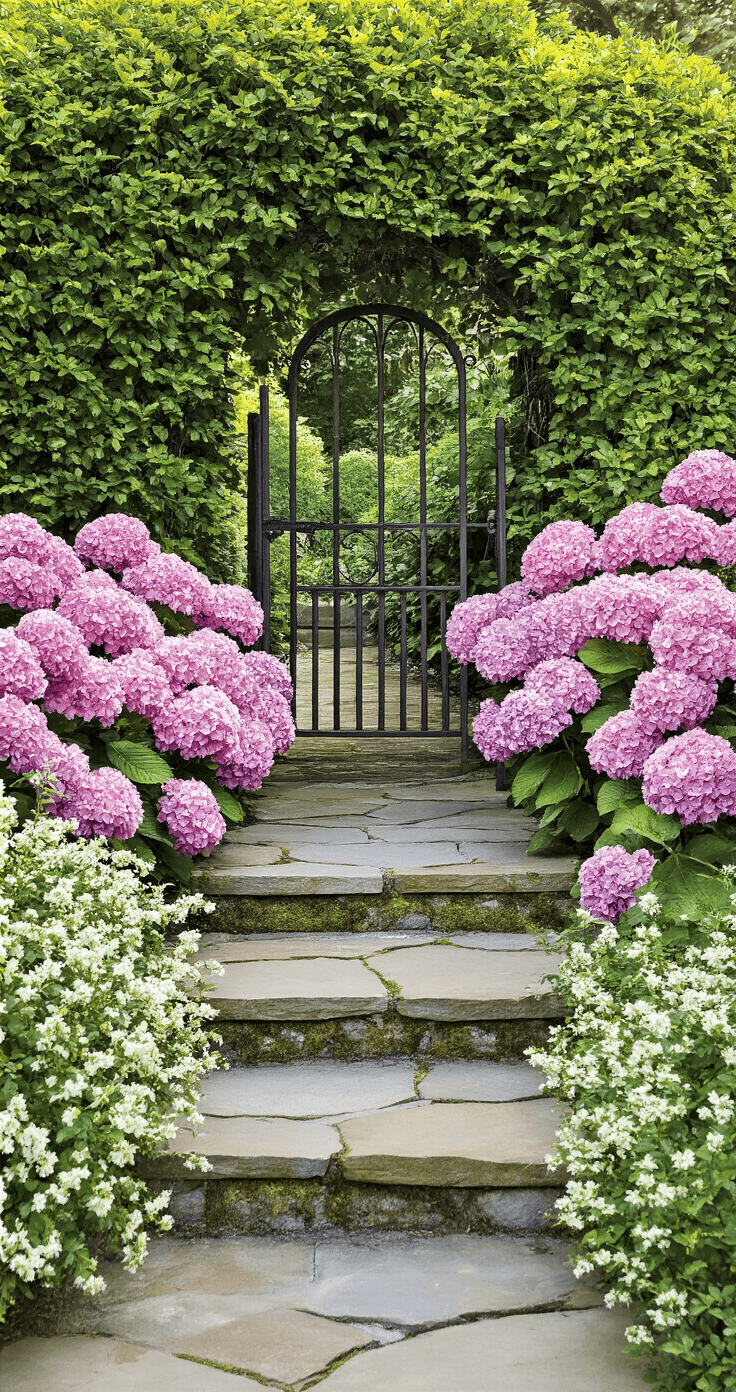 Eye-level view of a cottage garden entrance showcasing a curved pathway flanked by 6ft pink hydrangea bushes and a vintage iron gate, with 4ft purple weigela adding depth and 2ft cascading white spirea in the foreground. Natural stone steps with moss accents are illuminated by filtered morning sun, creating dappled effects amidst a palette of blush pink, lavender, cream, and moss green.