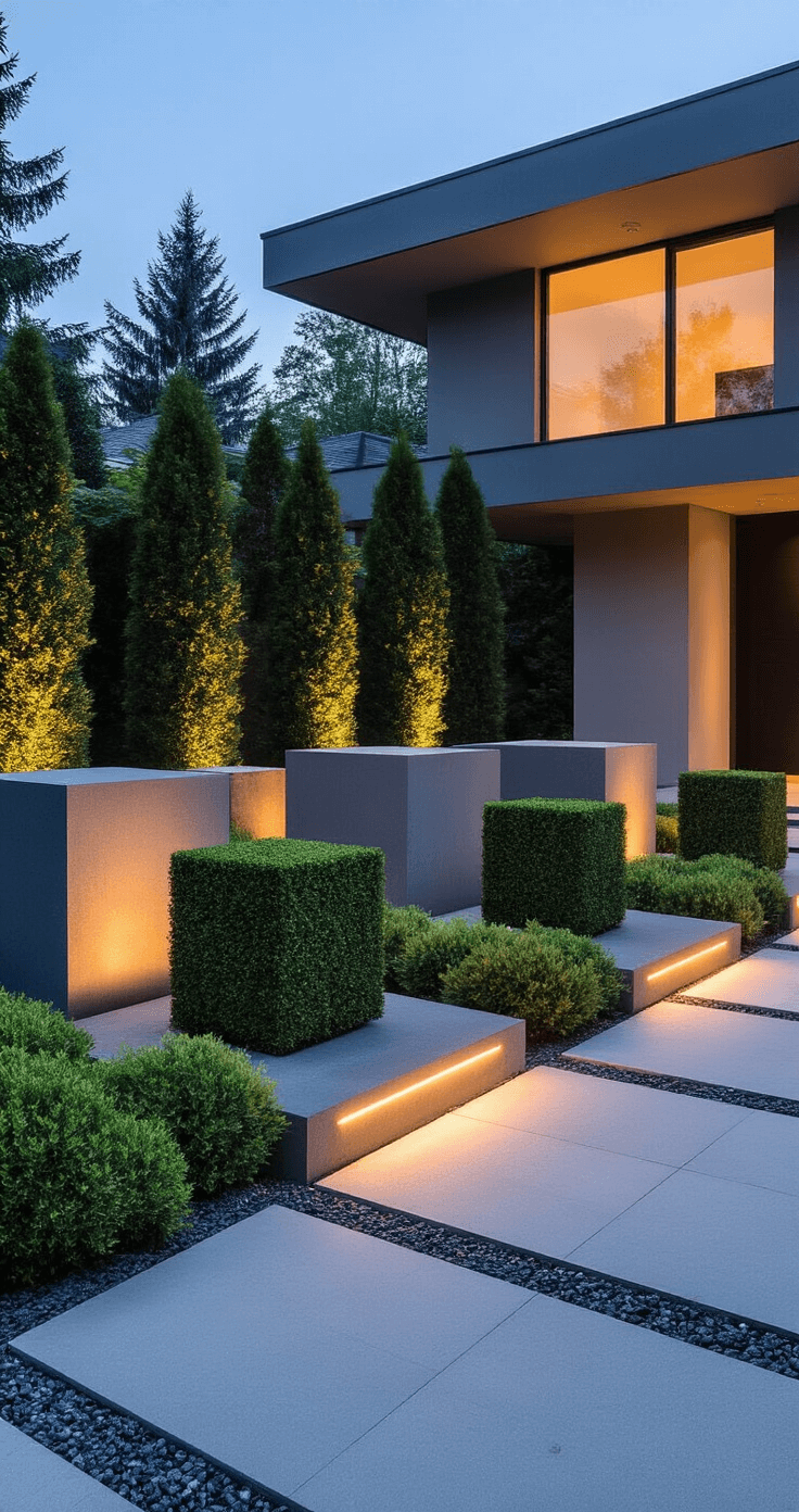 Dramatic twilight view of a minimalist contemporary home's front yard featuring illuminated boxwood cubes arranged geometrically, tall aronia trees providing contrast, and low-growing spirea as ground cover, with polished concrete pavers and architectural gravel illuminated by warm pathway lighting.