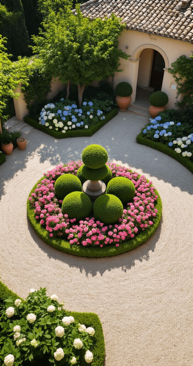 Bird's-eye view of a Mediterranean villa's circular driveway garden, featuring a central sculptural arrangement of rounded boxwood specimens surrounded by blooming weigela and outer circles of hydrangeas in white and blue. The scene is defined by strong midday sunlight casting sharp shadows on gravel drive and natural stone elements, with pops of color from aged terra cotta pots and lush foliage in shades of blue, emerald, and cream.