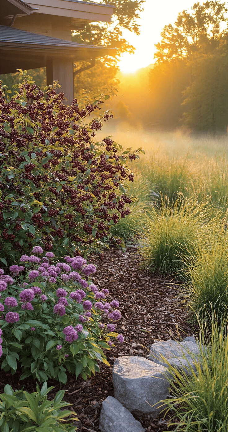 A picturesque prairie-style home surrounded by a natural landscape at sunrise, featuring native chokeberry bushes laden with berries, flowing spirea in late bloom, and swaying native grasses. Morning mist adds a soft touch, with natural stone boulders and rustic wood mulch enhancing the scene, while a palette of burgundy, gold, purple, and sage green creates a warm atmosphere.